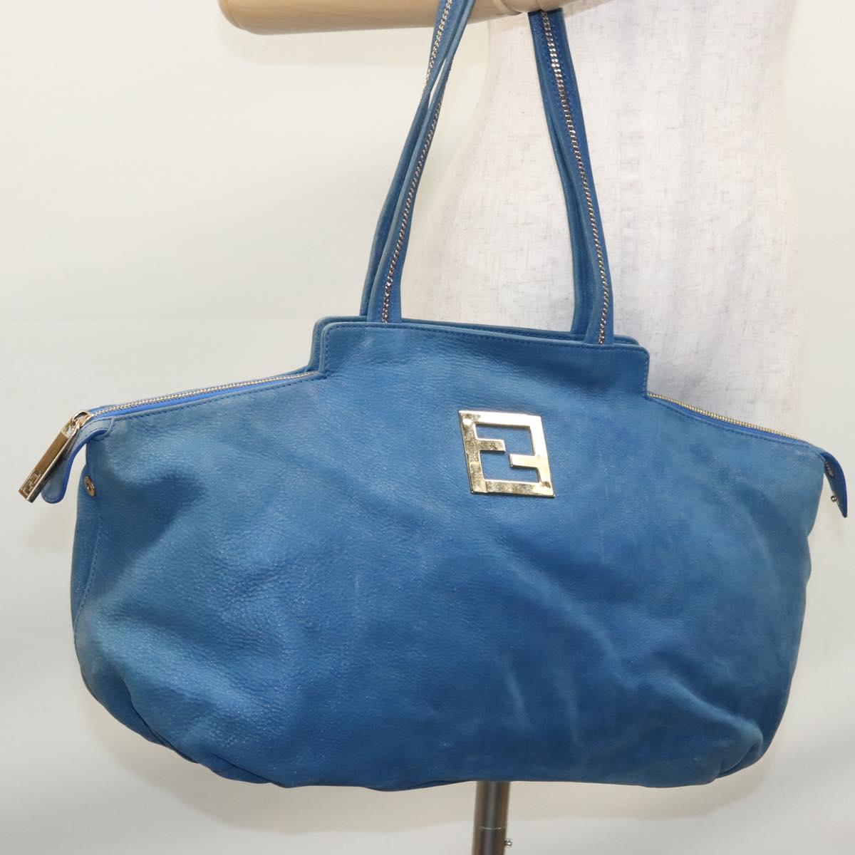 FENDI Tote Bag Leather Blue Gold Auth MY140