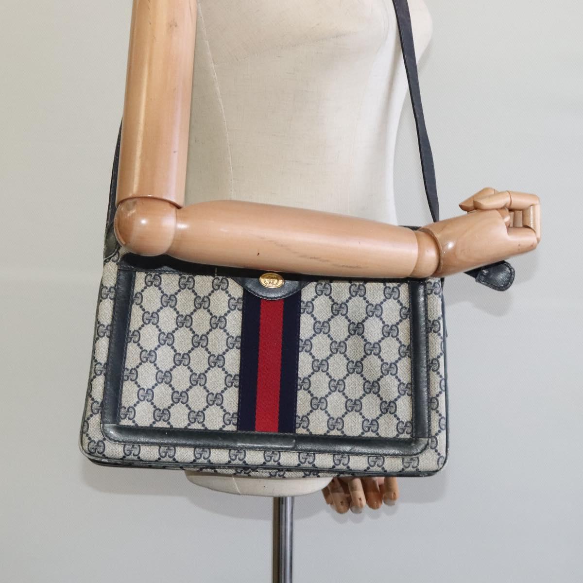 GUCCI GG Supreme Sherry Line Shoulder Bag PVC Navy Gold Red 010 378 Auth MY222