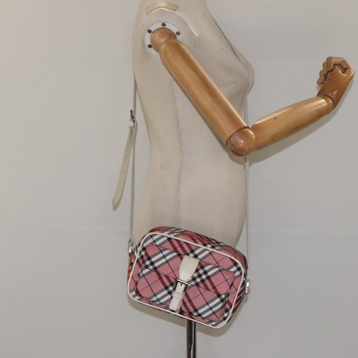 BURBERRY Nova Check Blue Label Shoulder Bag Nylon Red Silver Auth MY252