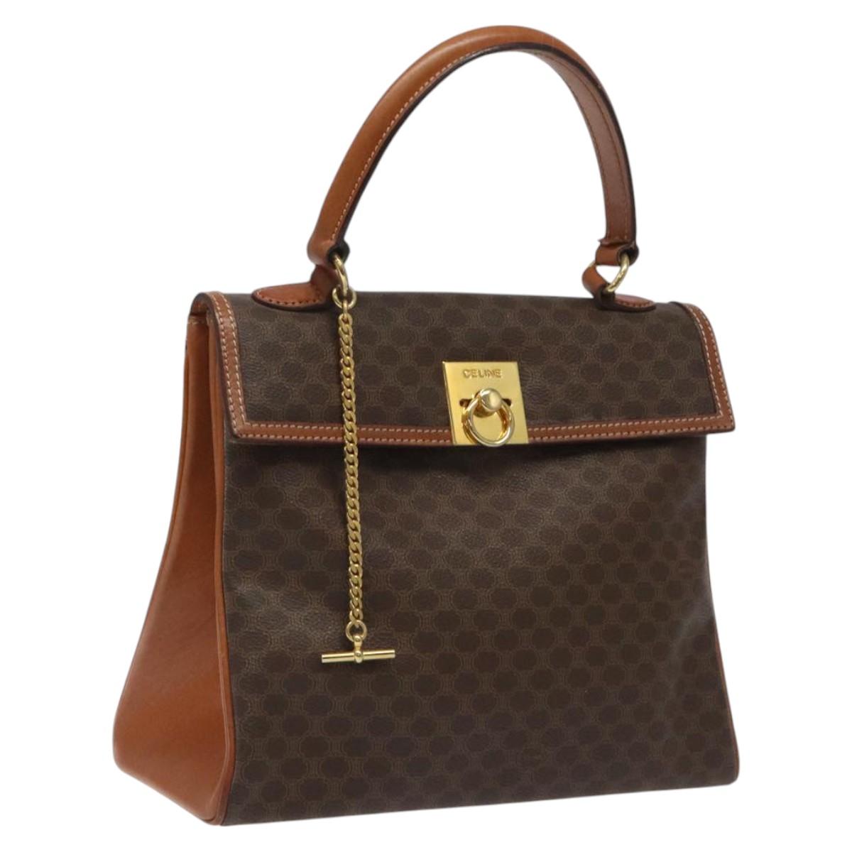 CELINE Macadam Canvas Hand Bag PVC Leather Brown Gold Auth MY275