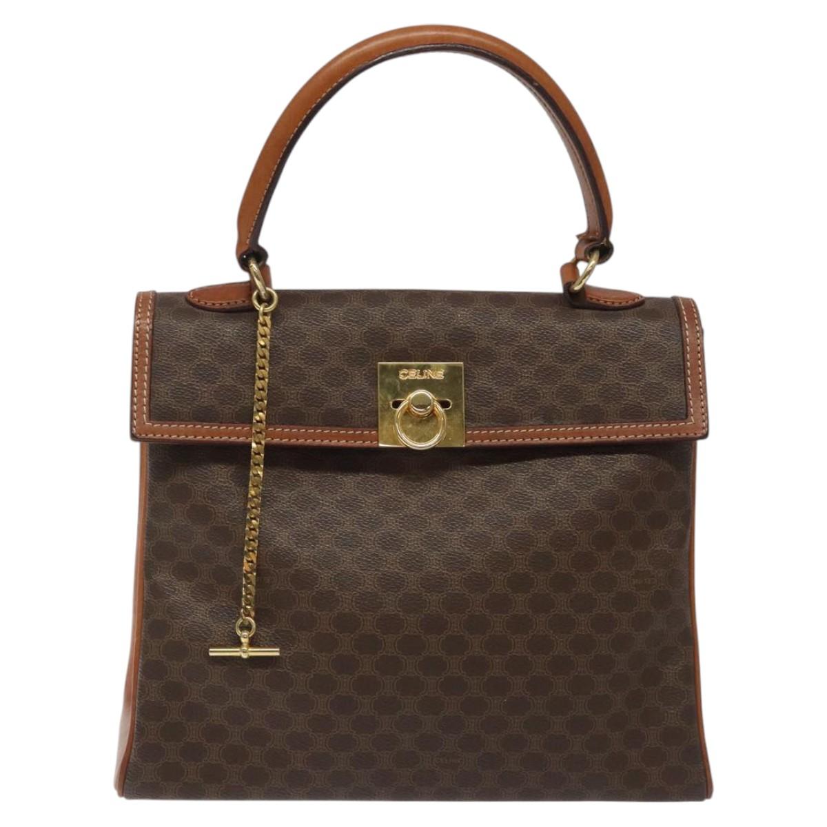 CELINE Macadam Canvas Hand Bag PVC Leather Brown Gold Auth MY275