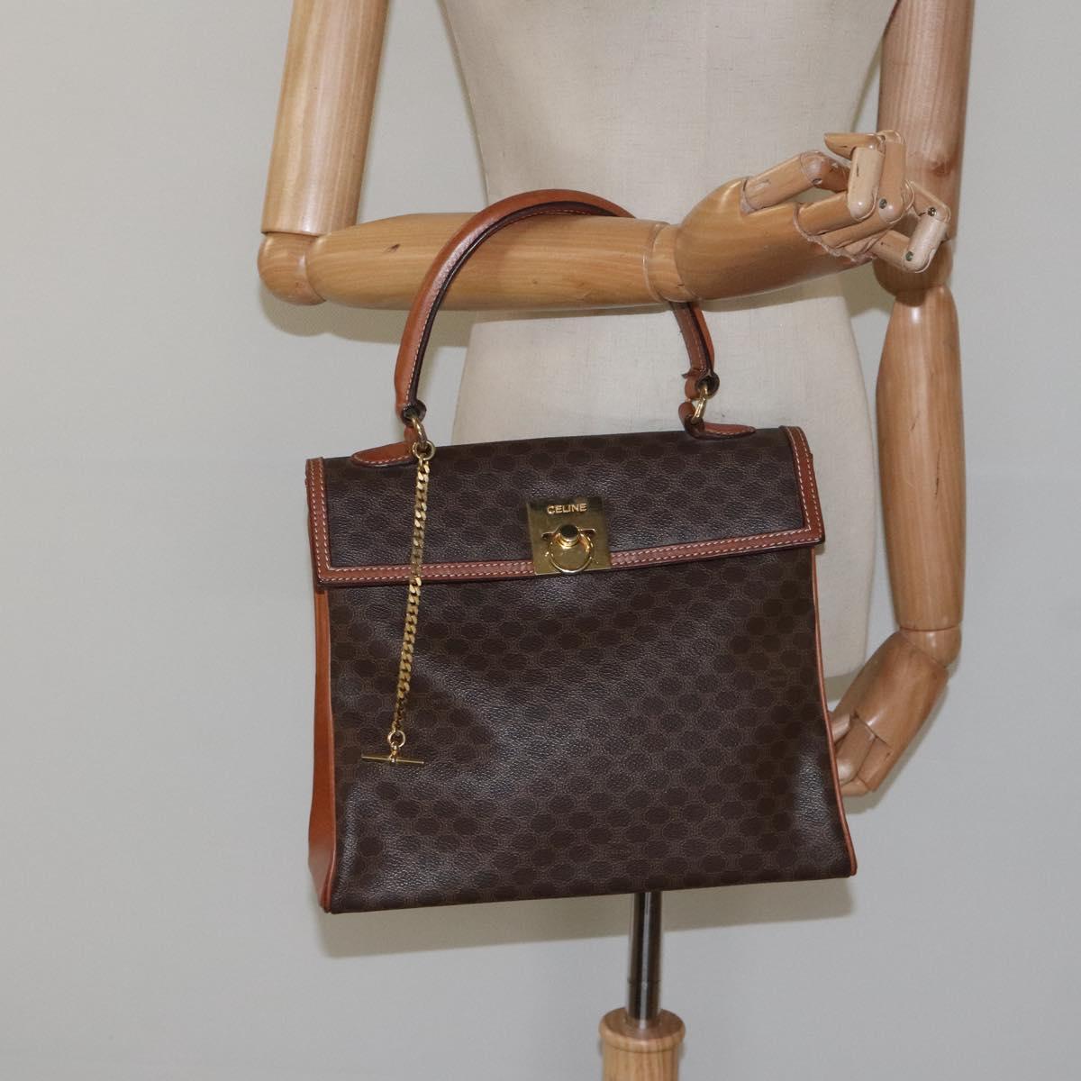CELINE Macadam Canvas Hand Bag PVC Leather Brown Gold Auth MY275