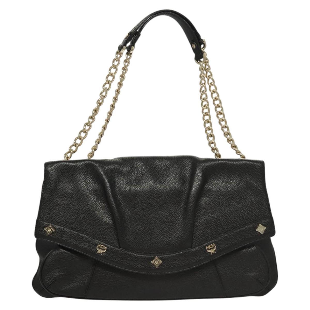 MCM Chain Shoulder Bag Leather Black Gold Auth MY306