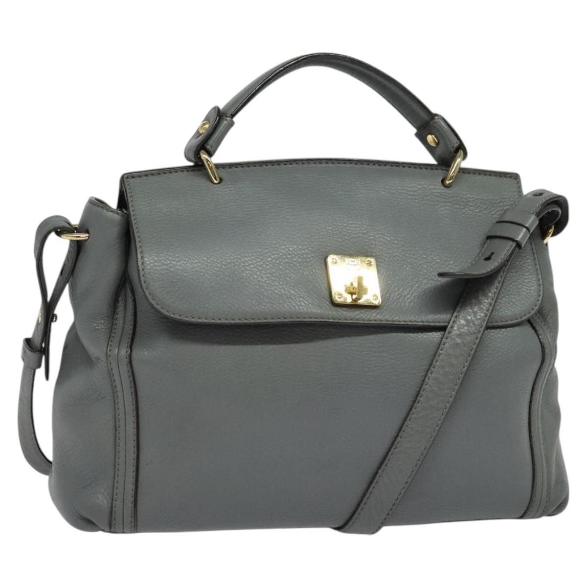 MCM Hand Bag Leather 2way Gray Gold Auth MY375