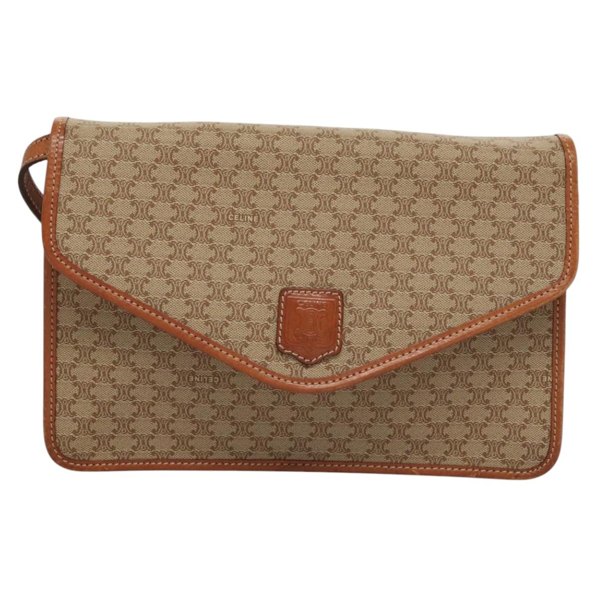 CELINE Macadam Canvas Shoulder Bag Beige Gold Auth MY407