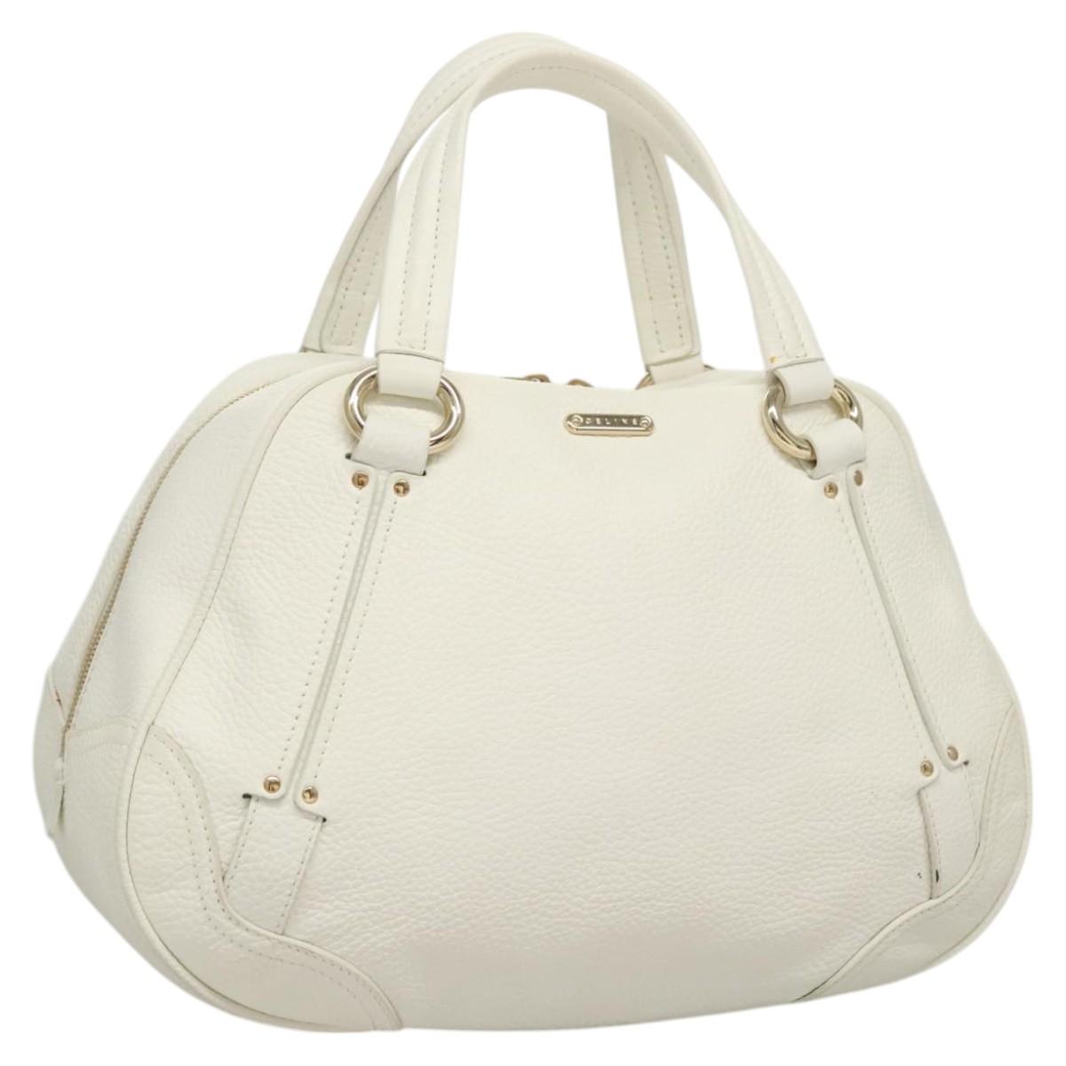 CELINE Hand Bag Leather White Gold Auth MY434