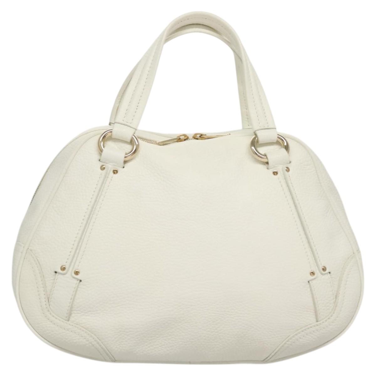 CELINE Hand Bag Leather White Gold Auth MY434