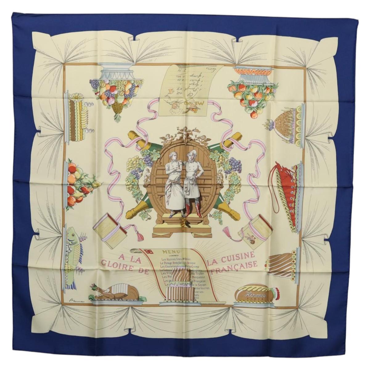 HERMES Carre 90 Scarf A LA GLOIRE DE LA CUISINE FRANCAISE Silk Beige Auth my464