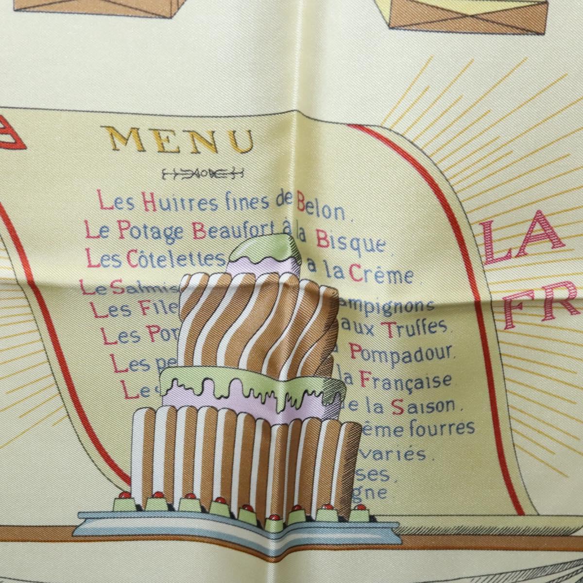 HERMES Carre 90 Scarf A LA GLOIRE DE LA CUISINE FRANCAISE Silk Beige Auth my464