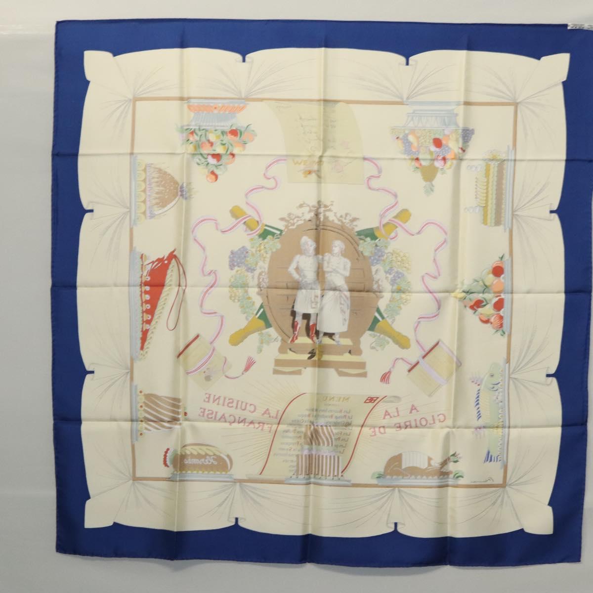 HERMES Carre 90 Scarf A LA GLOIRE DE LA CUISINE FRANCAISE Silk Beige Auth my464