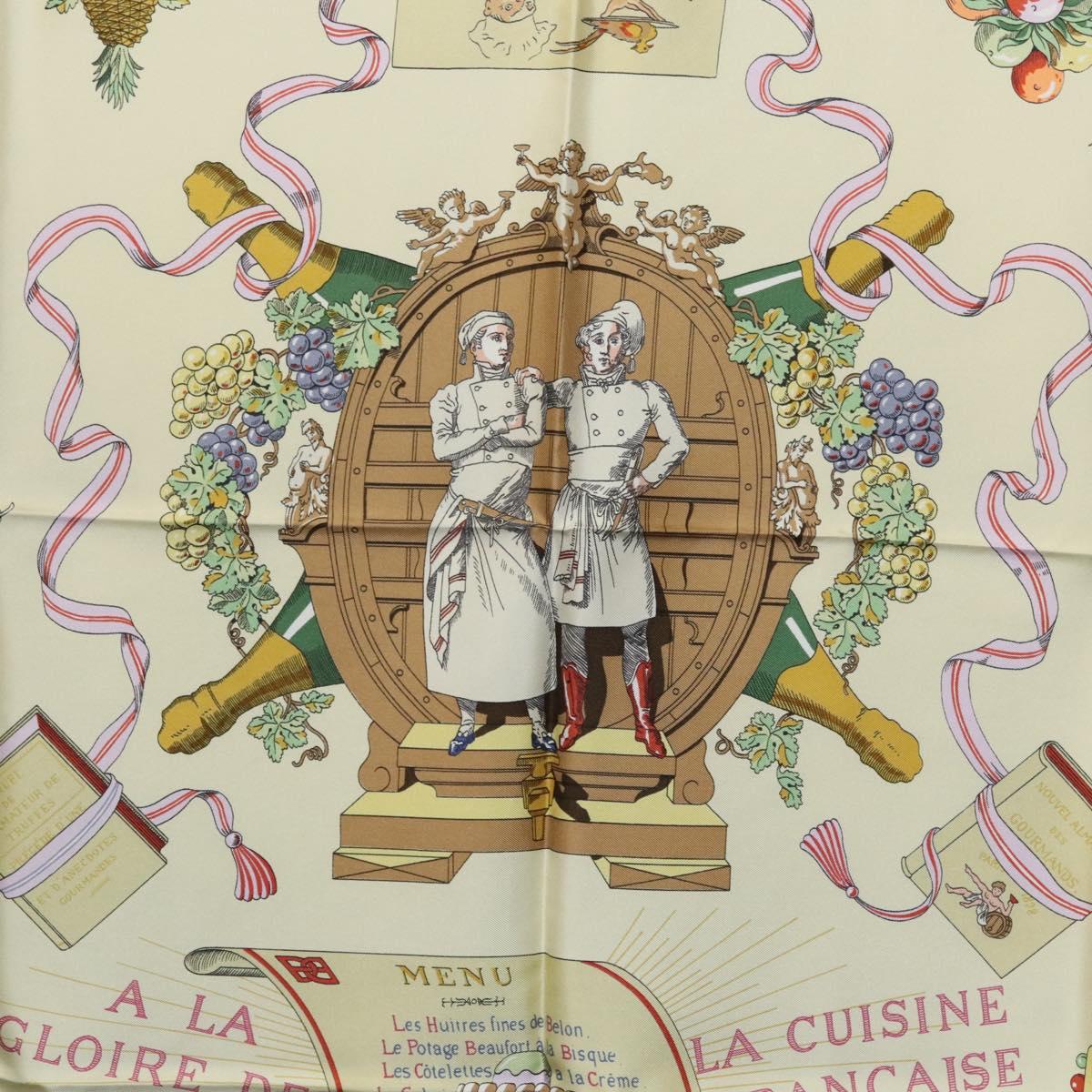HERMES Carre 90 Scarf A LA GLOIRE DE LA CUISINE FRANCAISE Silk Beige Auth my464