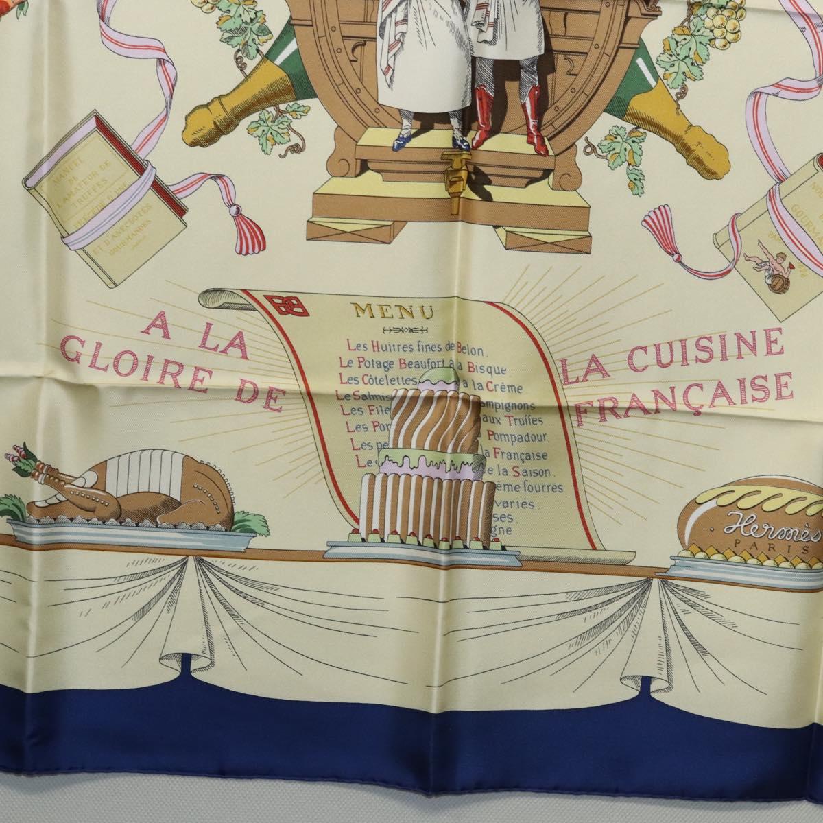 HERMES Carre 90 Scarf A LA GLOIRE DE LA CUISINE FRANCAISE Silk Beige Auth my464