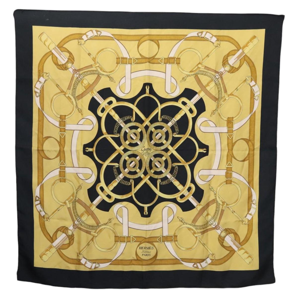 HERMES Carre 90 Scarf Eperon dor Silk Black Yellow Auth my465