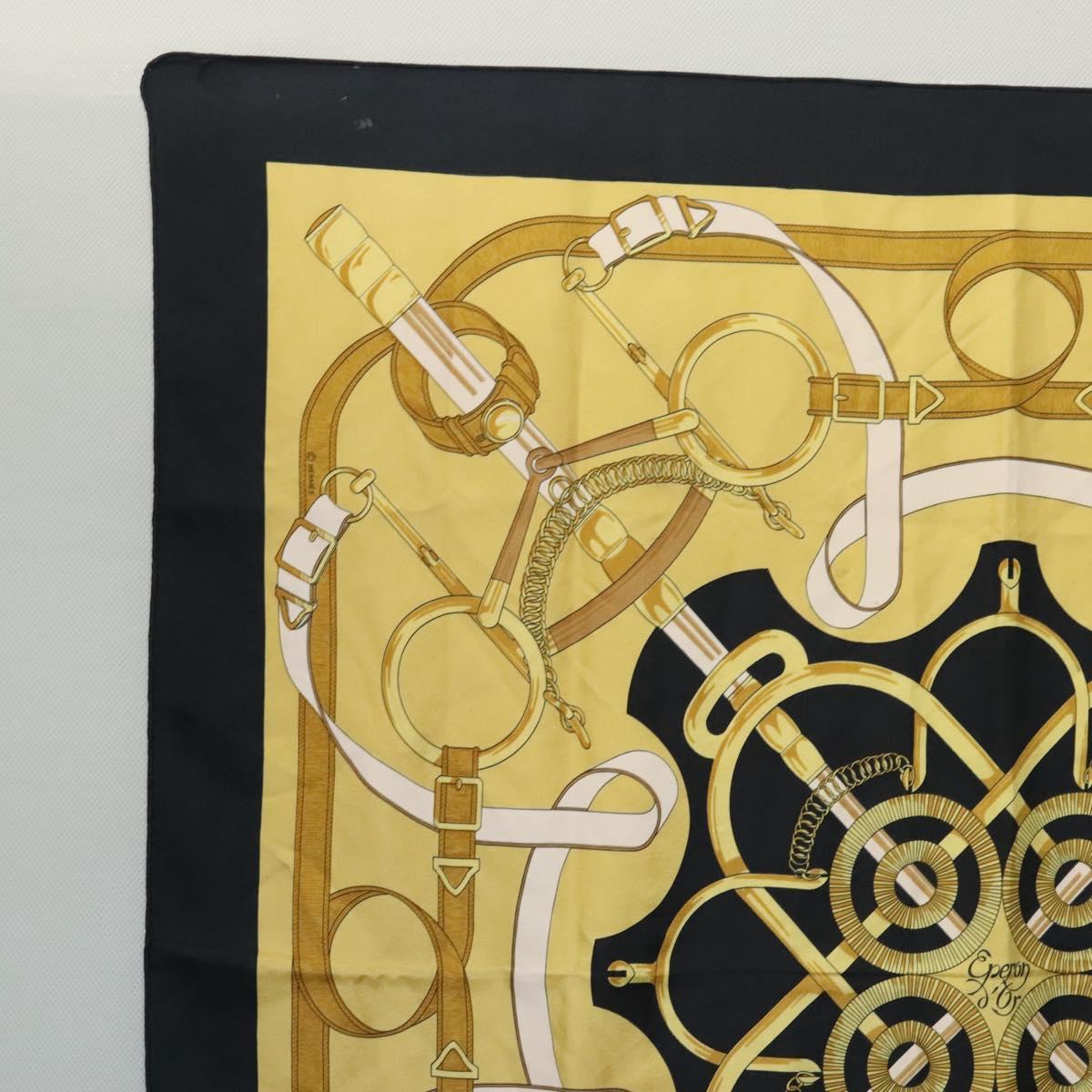 HERMES Carre 90 Scarf Eperon dor Silk Black Yellow Auth my465