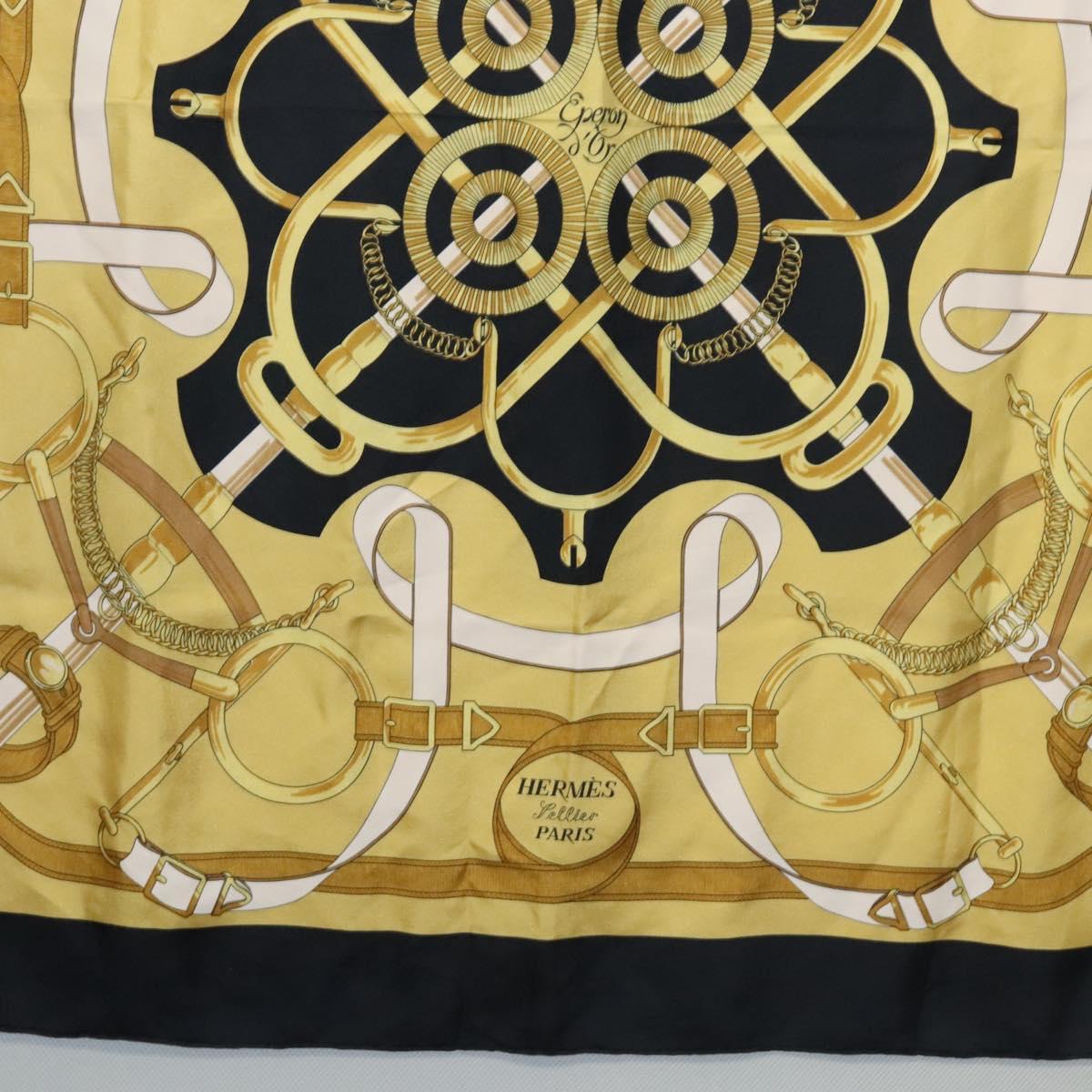 HERMES Carre 90 Scarf Eperon dor Silk Black Yellow Auth my465
