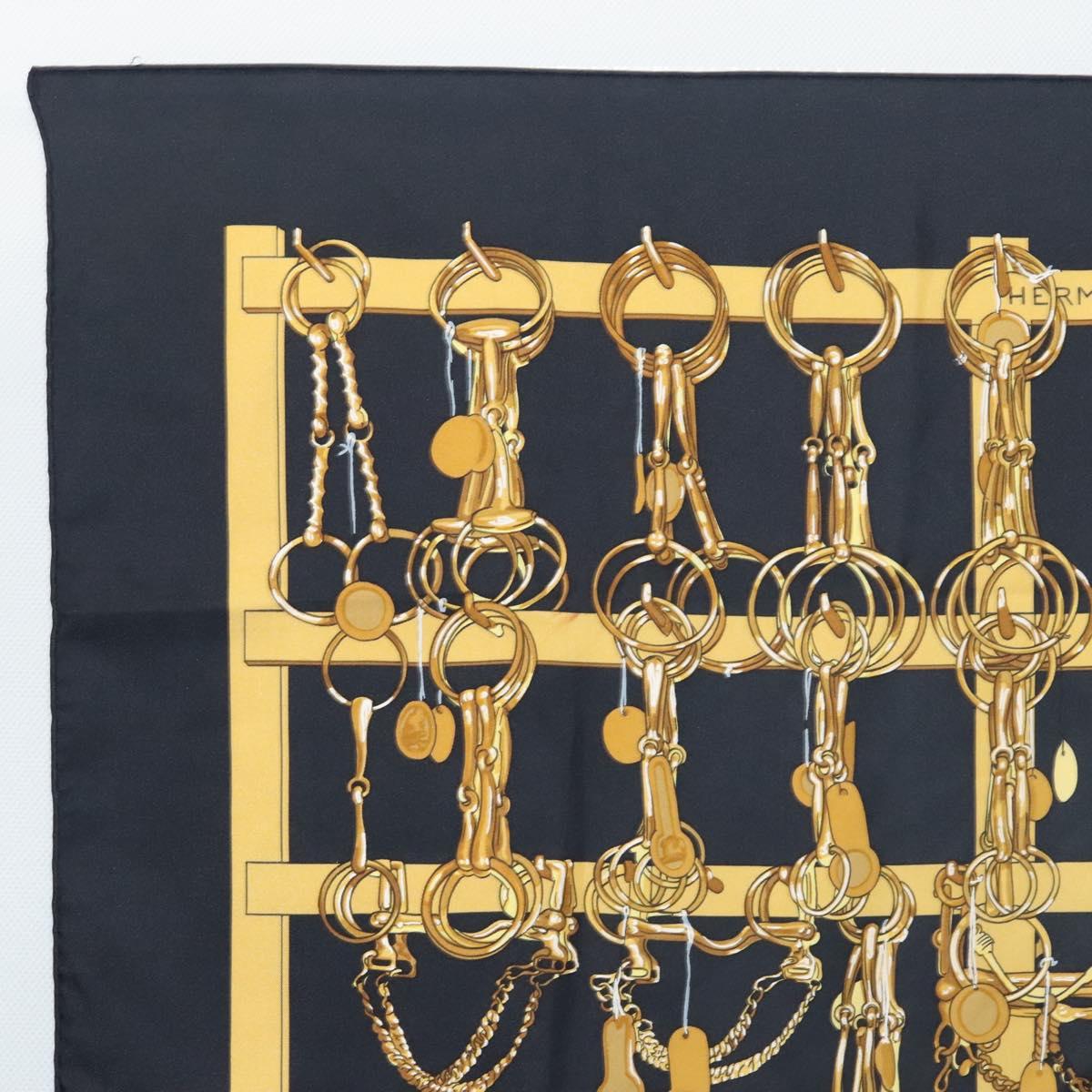 HERMES Carre 90 Scarf MORS&FILETS Silk Black Yellow Auth my466