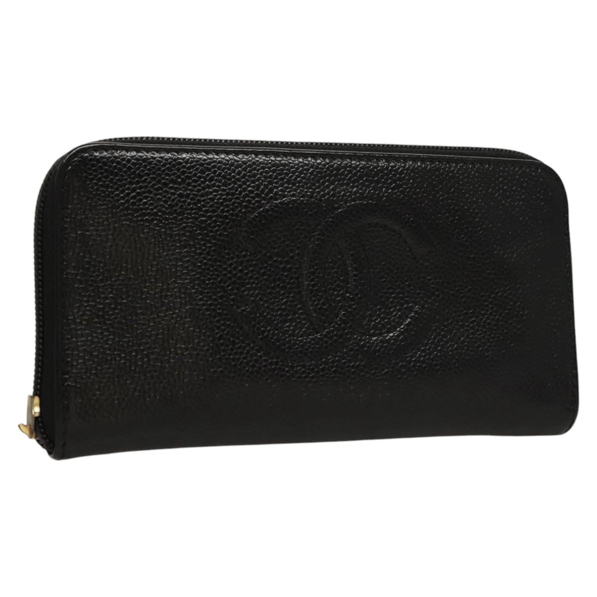 CHANEL Long Wallet Caviar Skin Black Gold CC Auth MY476