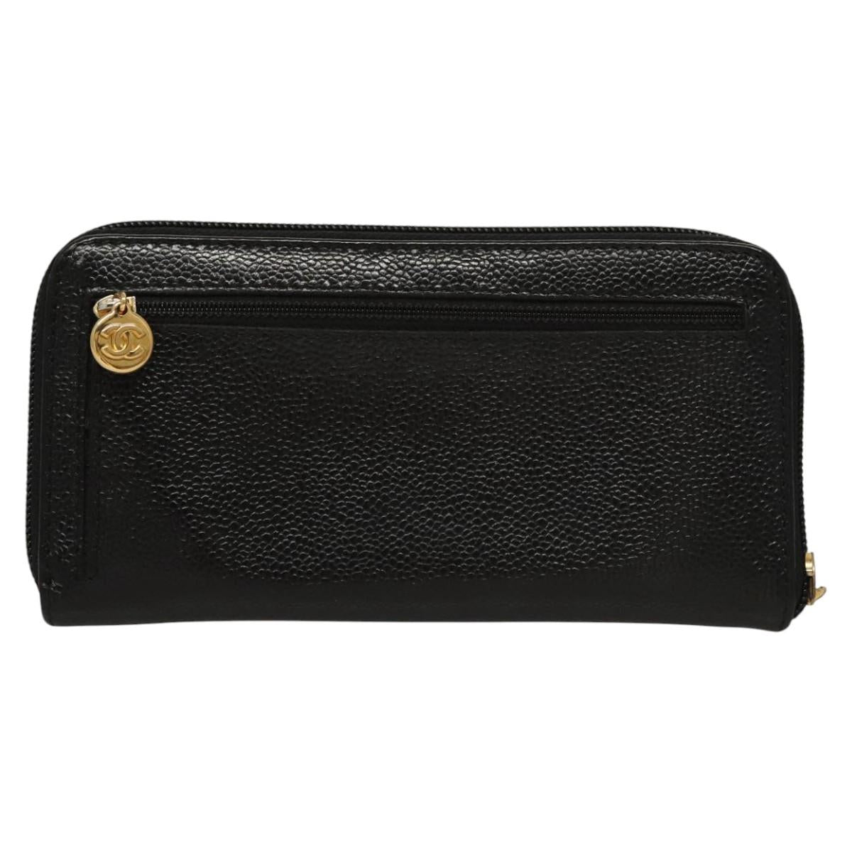 CHANEL Long Wallet Caviar Skin Black Gold CC Auth MY476