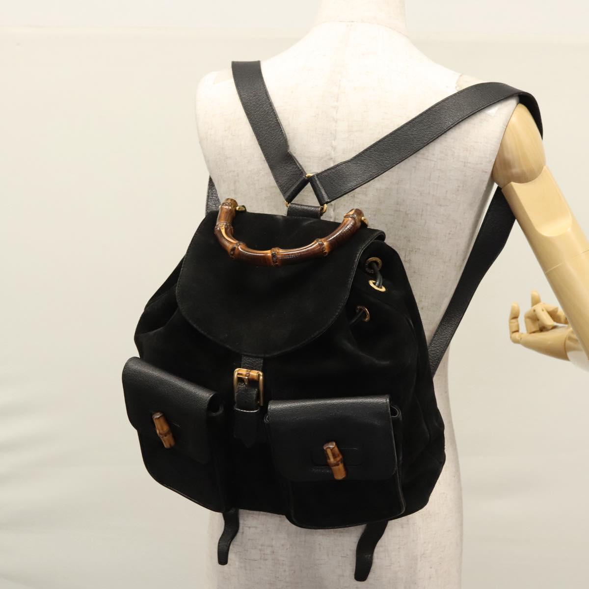GUCCI Bamboo Backpack Suede Leather Black Gold 003 58 0016 Auth nb007