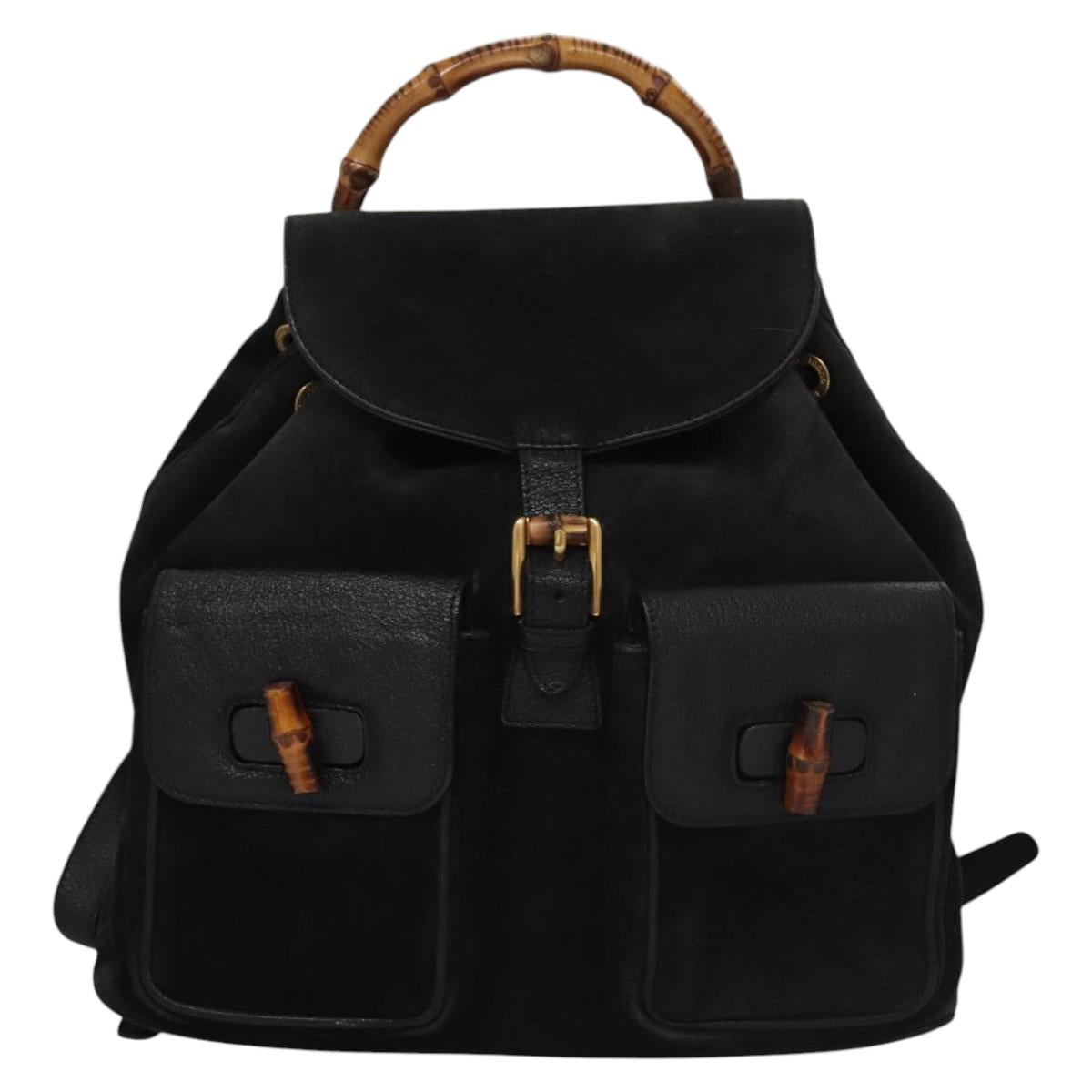 GUCCI Bamboo Backpack Suede Leather Black Gold 003 2058 0016 Auth nb010