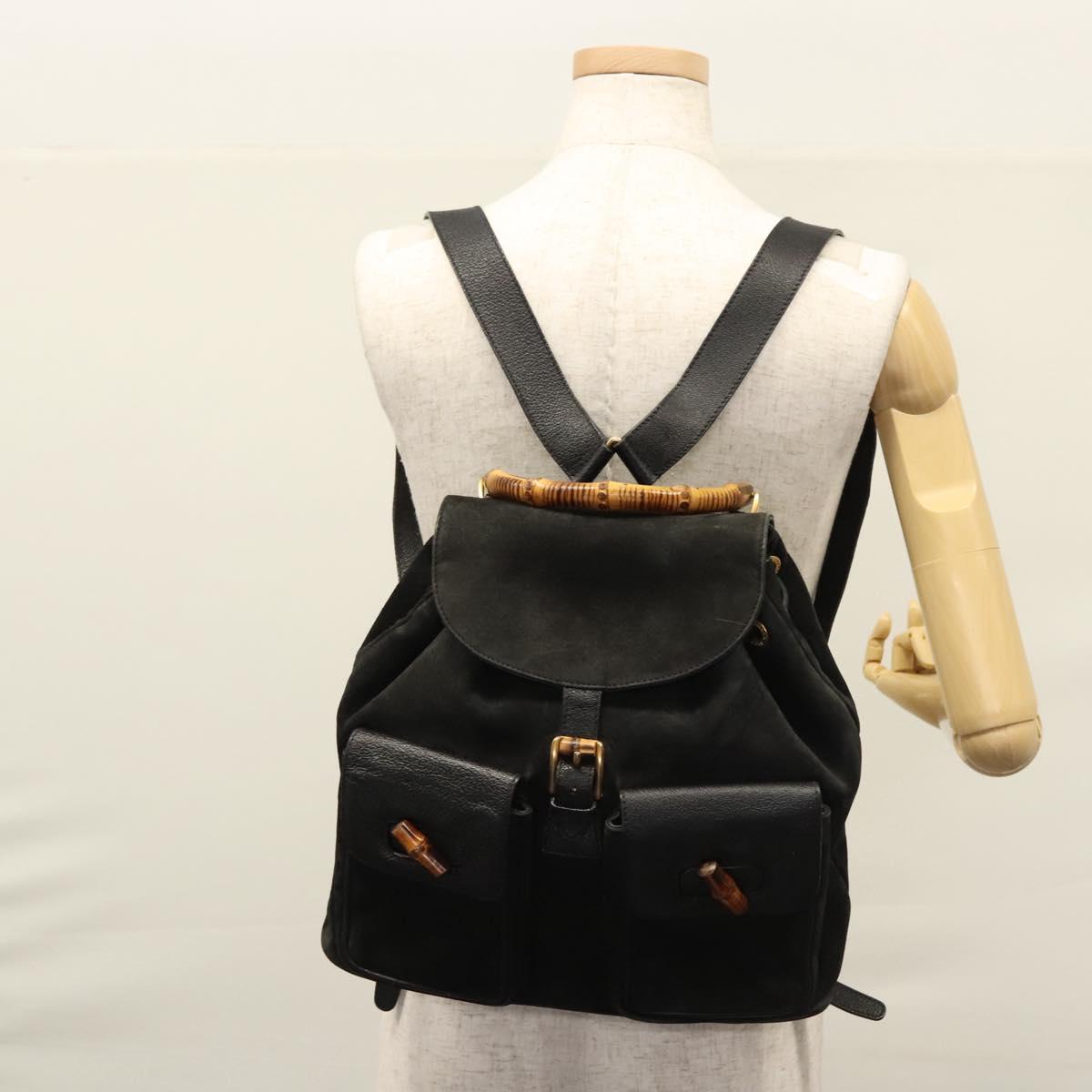 GUCCI Bamboo Backpack Suede Leather Black Gold 003 2058 0016 Auth nb010