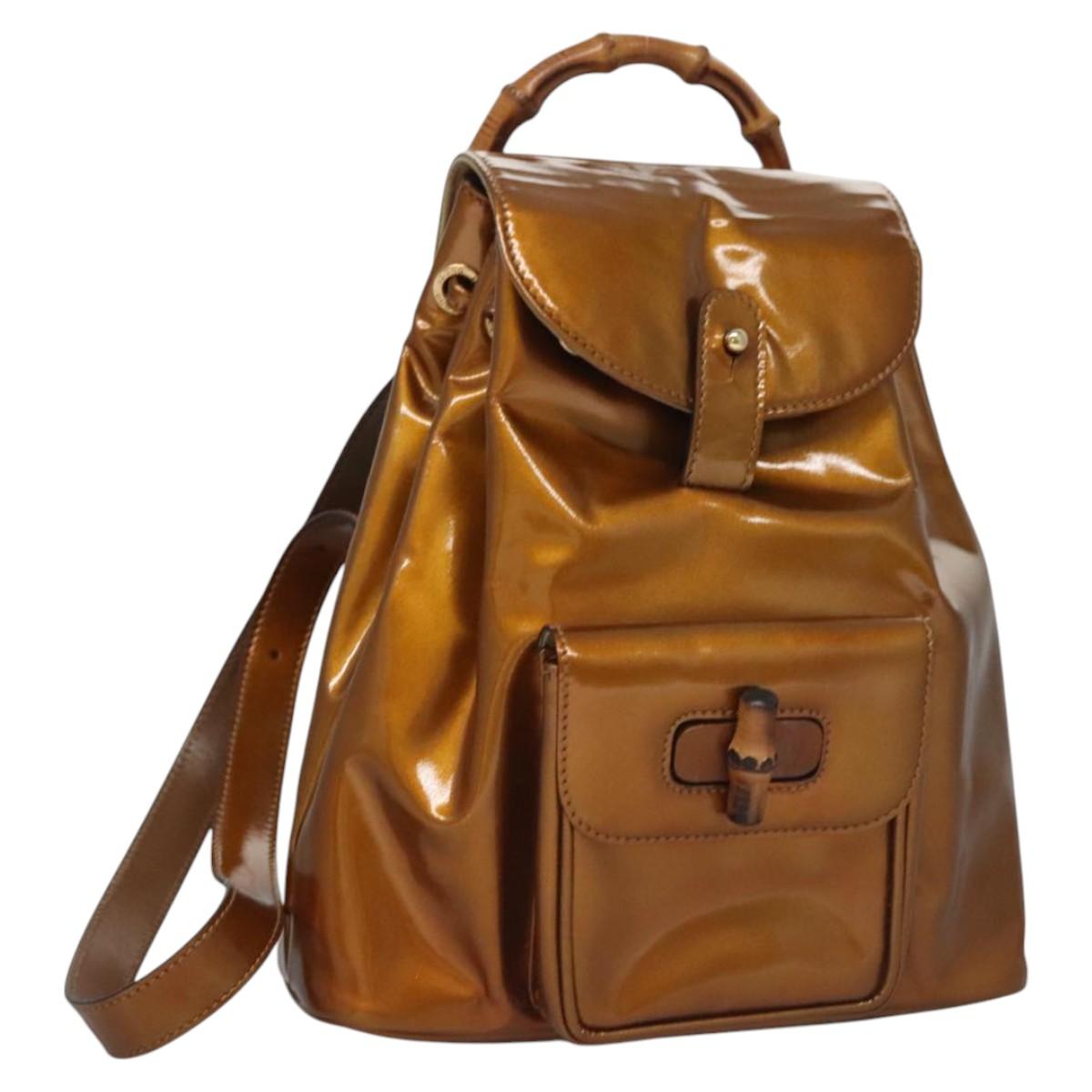 GUCCI Bamboo Backpack Patent leather Bronze Gold 003 1705 0030 Auth nb030