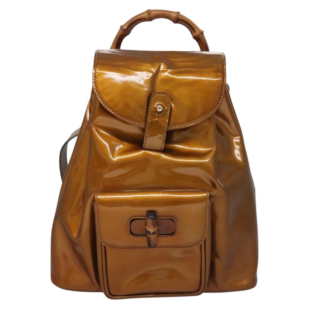 GUCCI Bamboo Backpack Patent leather Bronze Gold 003 1705 0030 Auth nb030