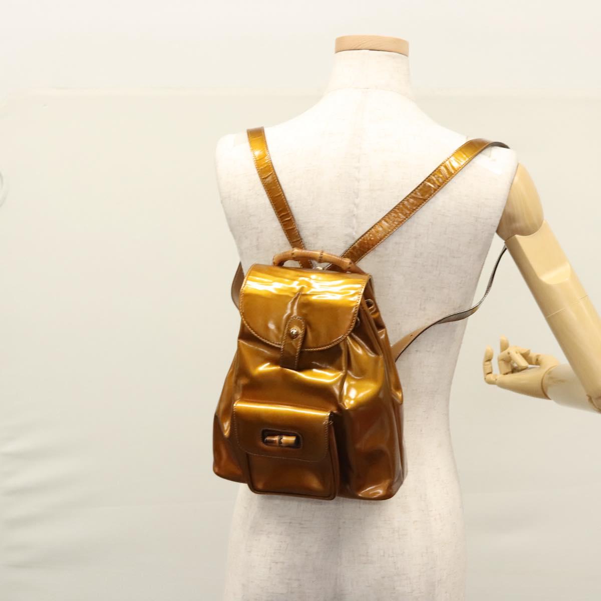 GUCCI Bamboo Backpack Patent leather Bronze Gold 003 1705 0030 Auth nb030