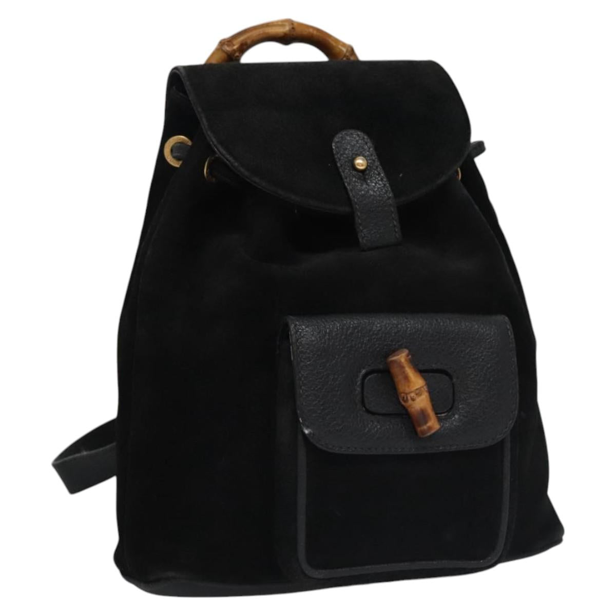 GUCCI Bamboo Backpack Suede Leather Black Gold 003 1705 0030 Auth nb031