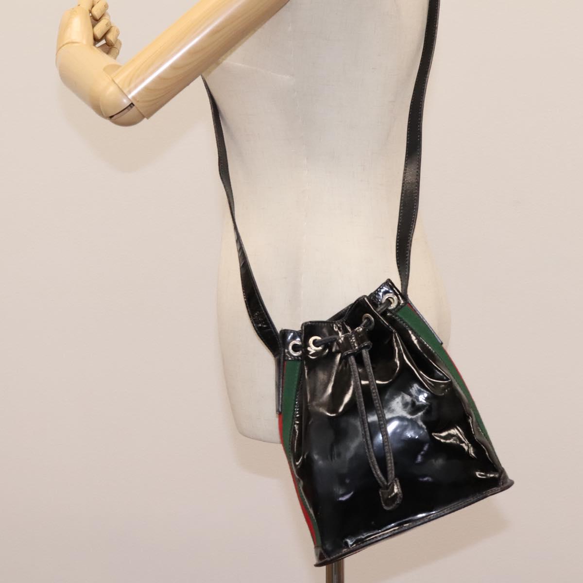 GUCCI Web Sherry Line Shoulder Bag Patent leather Black Green Red Auth nb076
