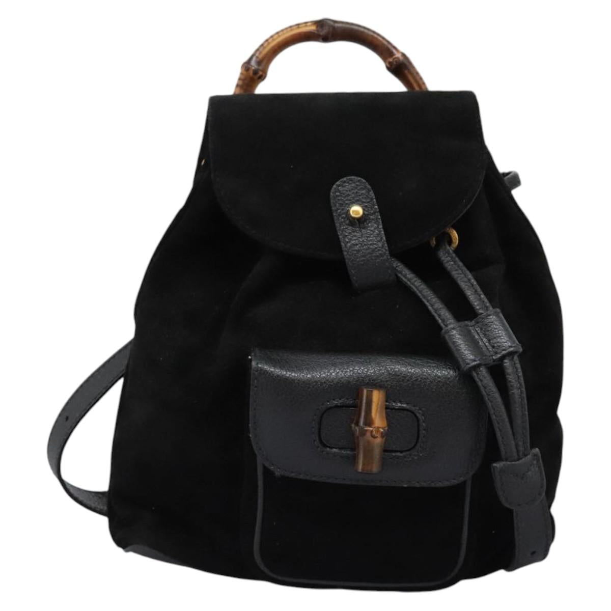 GUCCI Bamboo Backpack Suede Leather Black Gold 003 2058 0030 Auth nb098