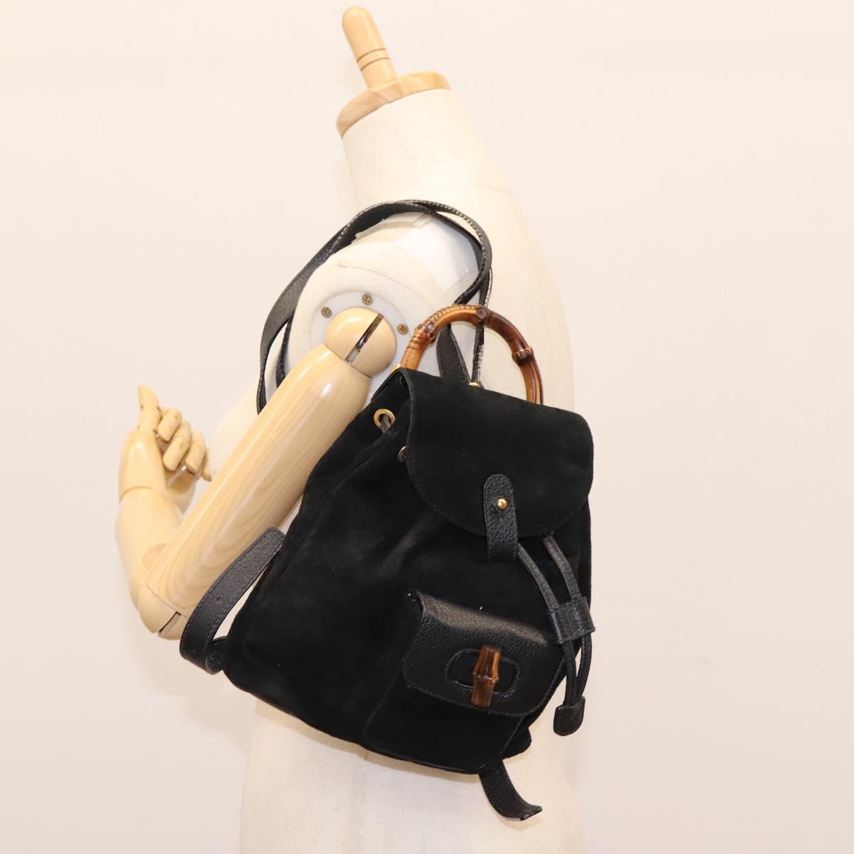 GUCCI Bamboo Backpack Suede Leather Black Gold 003 2058 0030 Auth nb098