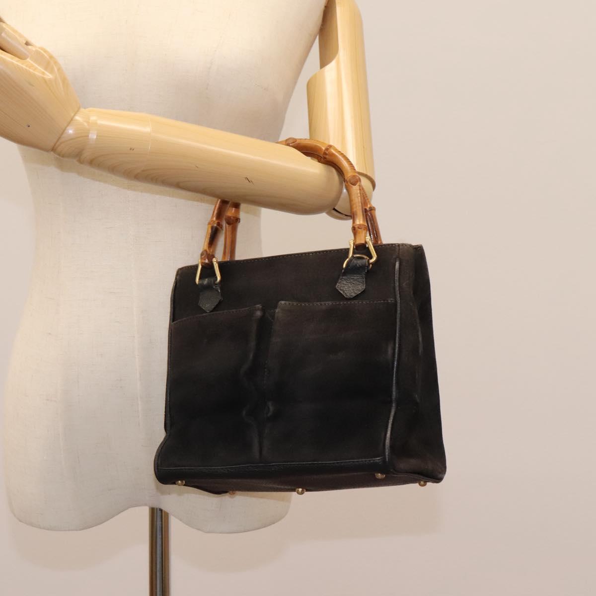 GUCCI Bamboo Hand Bag Suede Leather Black Gold 000 122 0316 Auth nb100