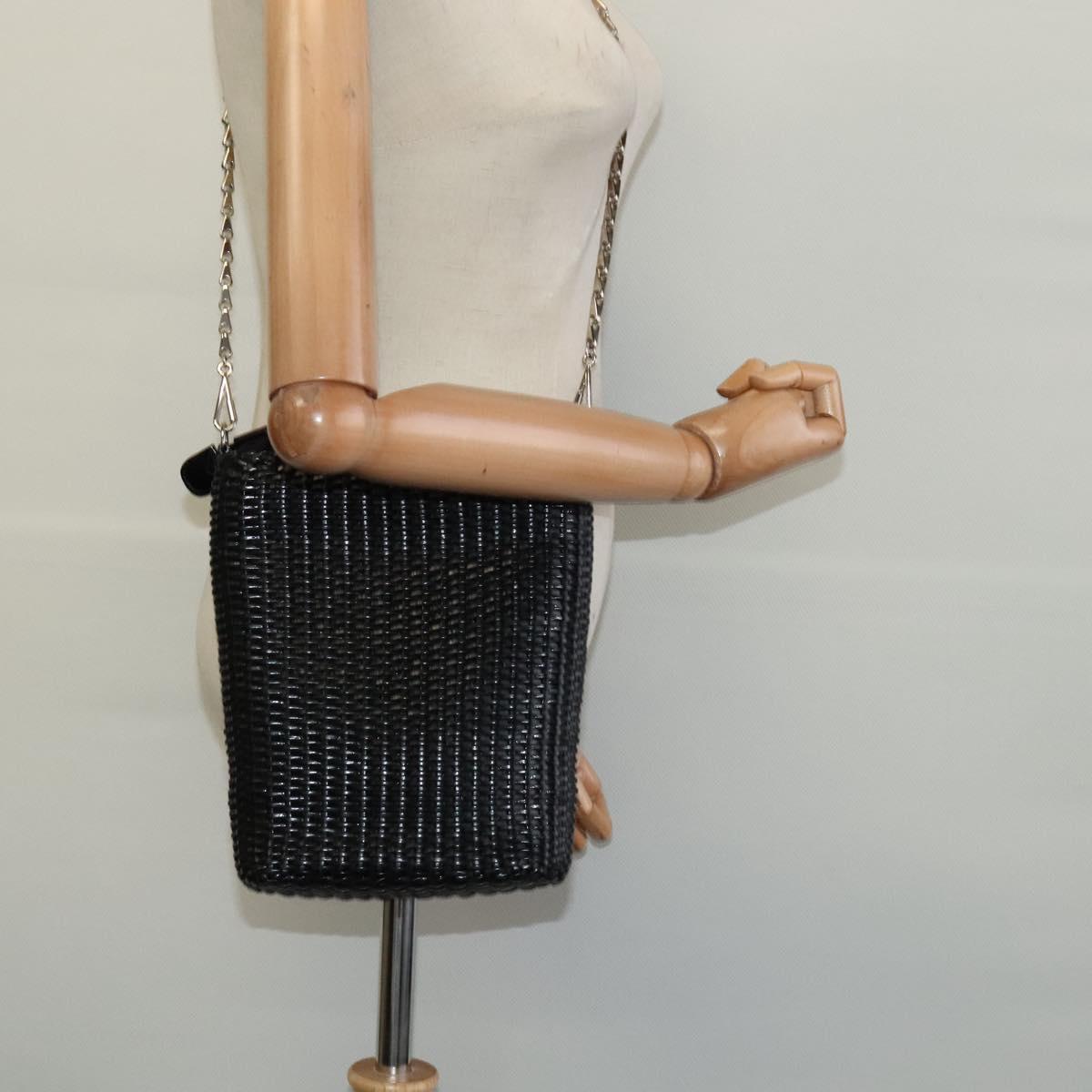 GUCCI Chain Shoulder Bag Straw Black Auth nb112