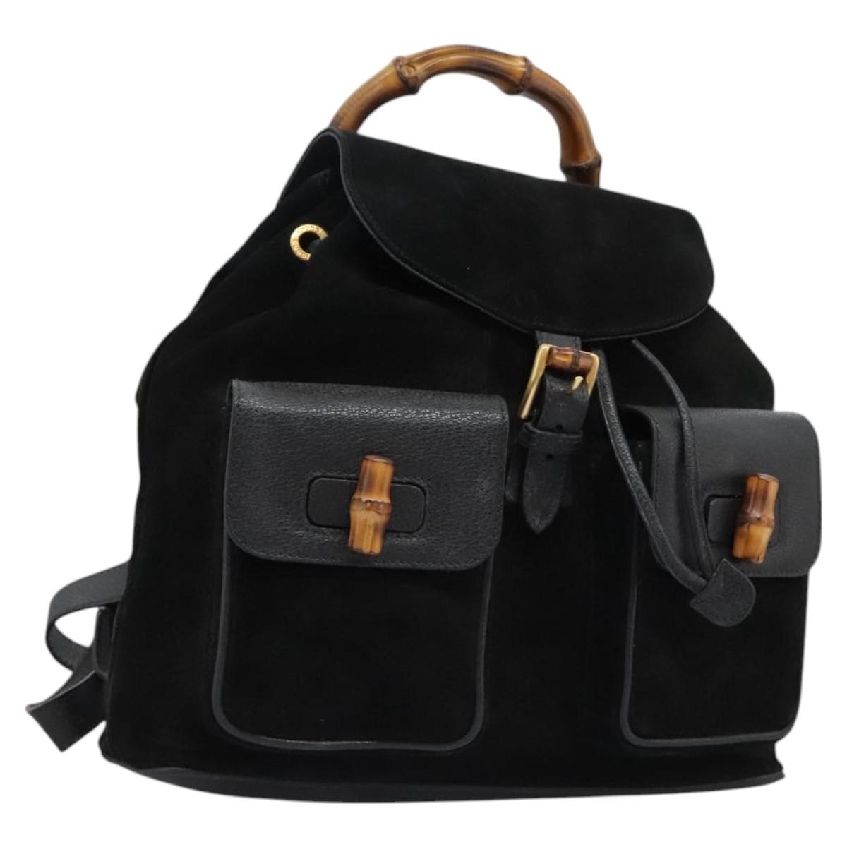 GUCCI Bamboo Backpack Suede Leather Black Gold 003 58 0016 Auth nb144