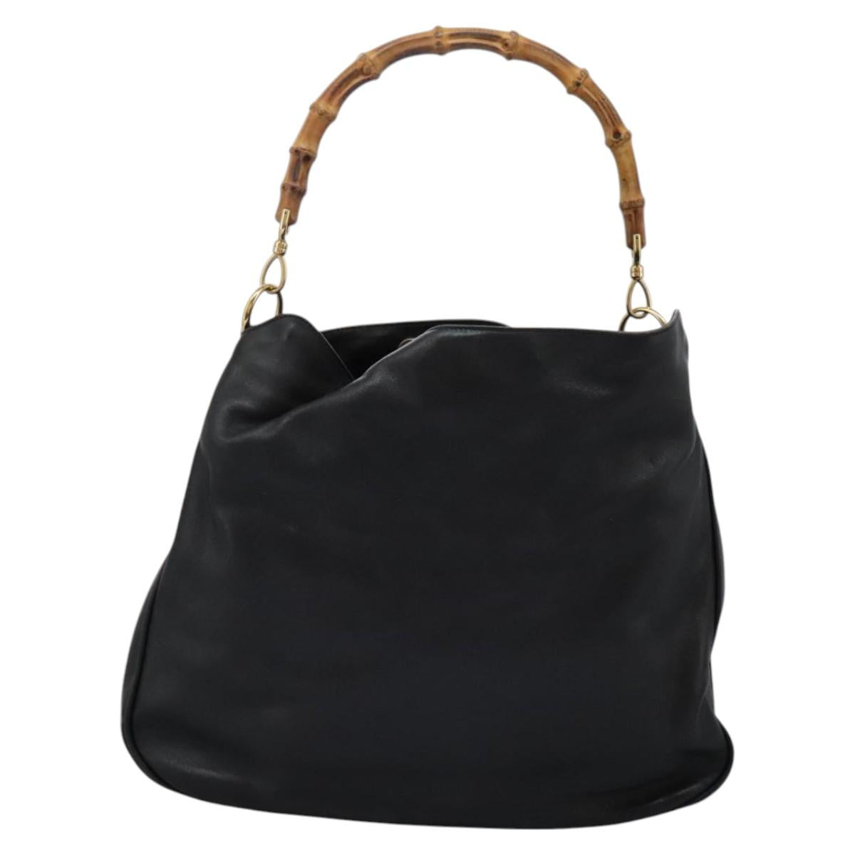 GUCCI Bamboo Hand Bag Leather 2way Black Gold 001 1014 1577 0 Auth nb190