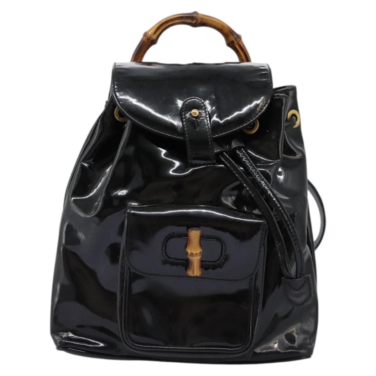 GUCCI Bamboo Backpack Patent leather Black Gold 003 2058 0030 Auth nb200