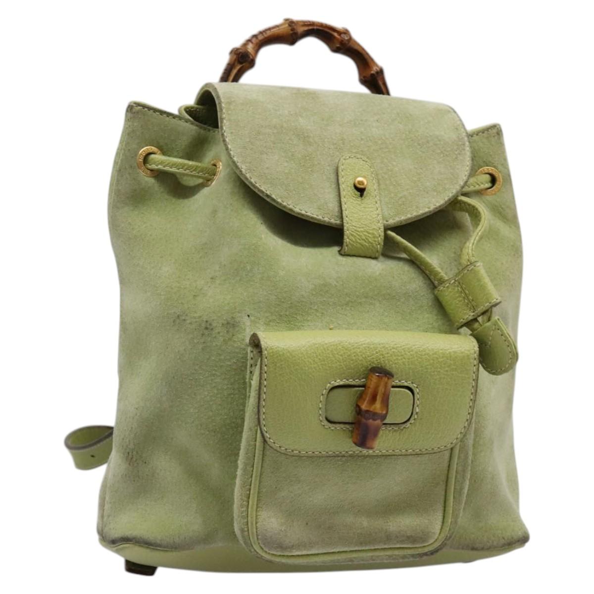 GUCCI Bamboo Backpack Suede Leather Green Gold 003 1956 0030 Auth nb201