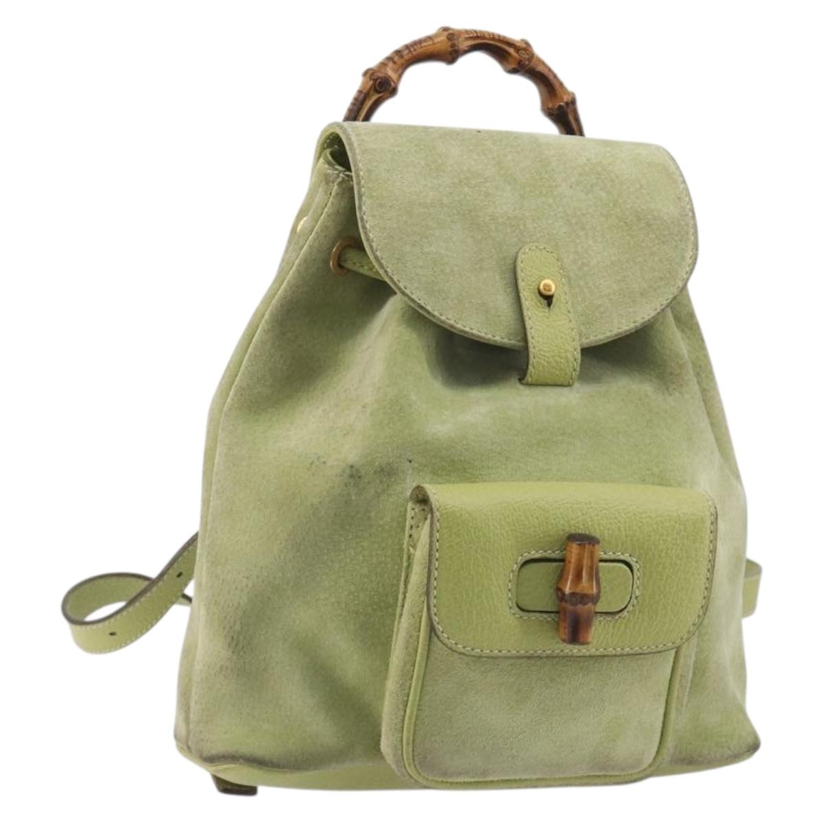 GUCCI Bamboo Backpack Suede Leather Green Gold 003 1956 0030 Auth nb201