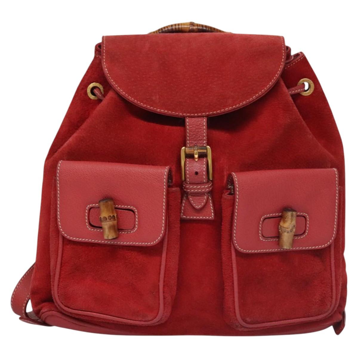 GUCCI Bamboo Backpack Suede Leather Red Gold 003 2058 0016 Auth nb202