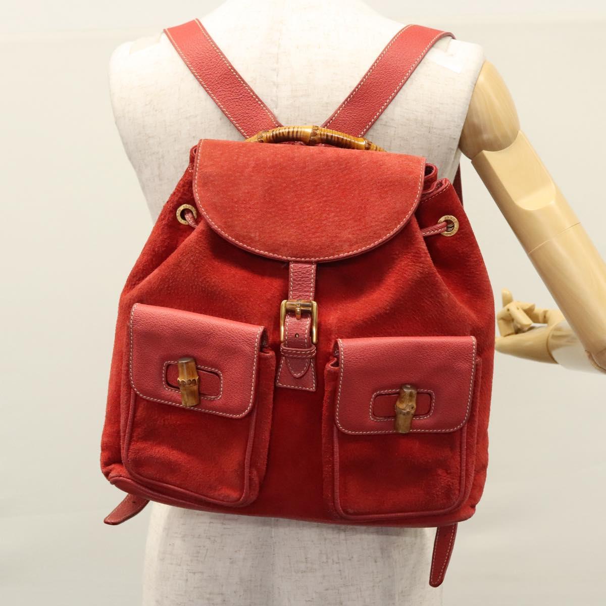 GUCCI Bamboo Backpack Suede Leather Red Gold 003 2058 0016 Auth nb202