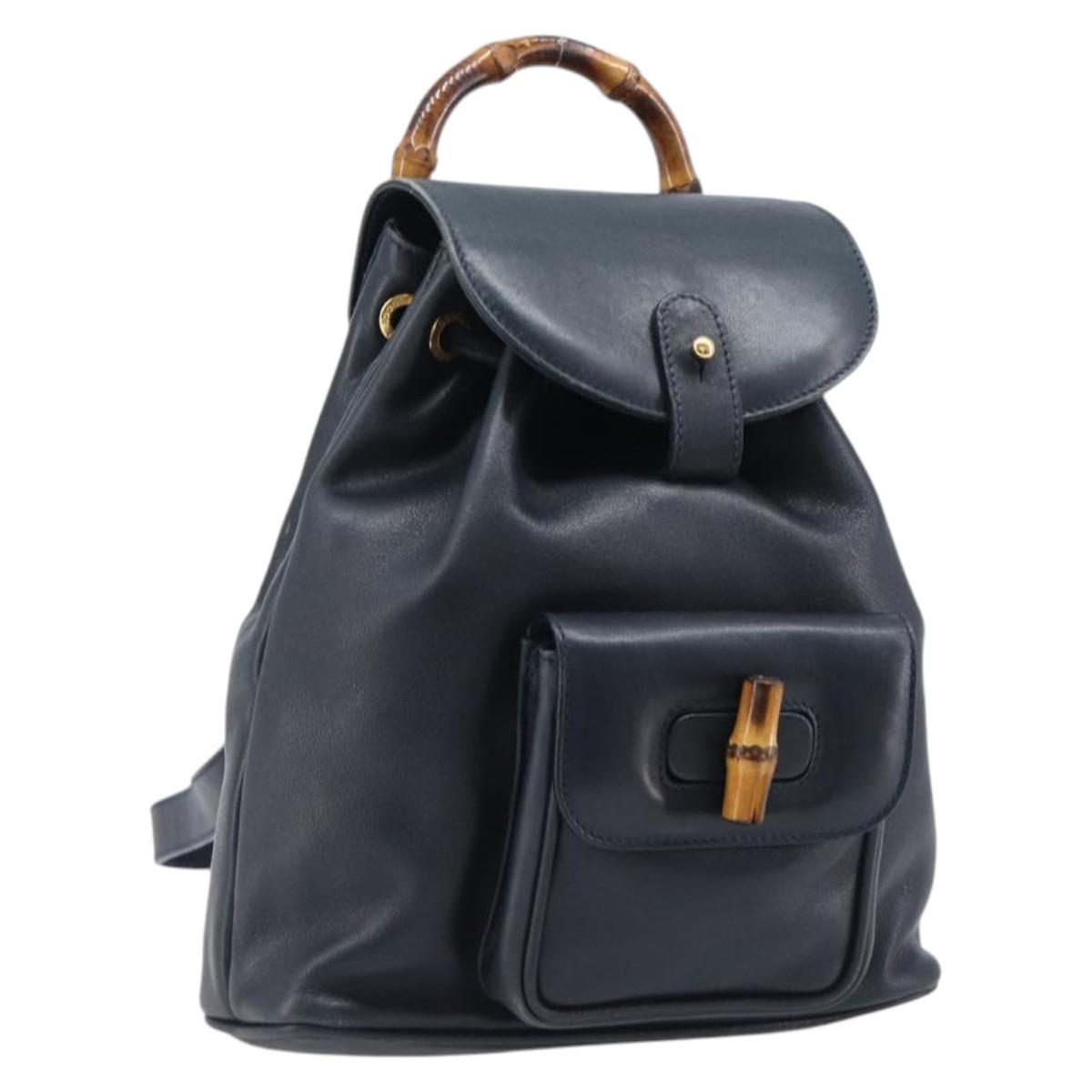 GUCCI Bamboo Backpack Leather Black Gold 003 3444 0030 Auth nb256