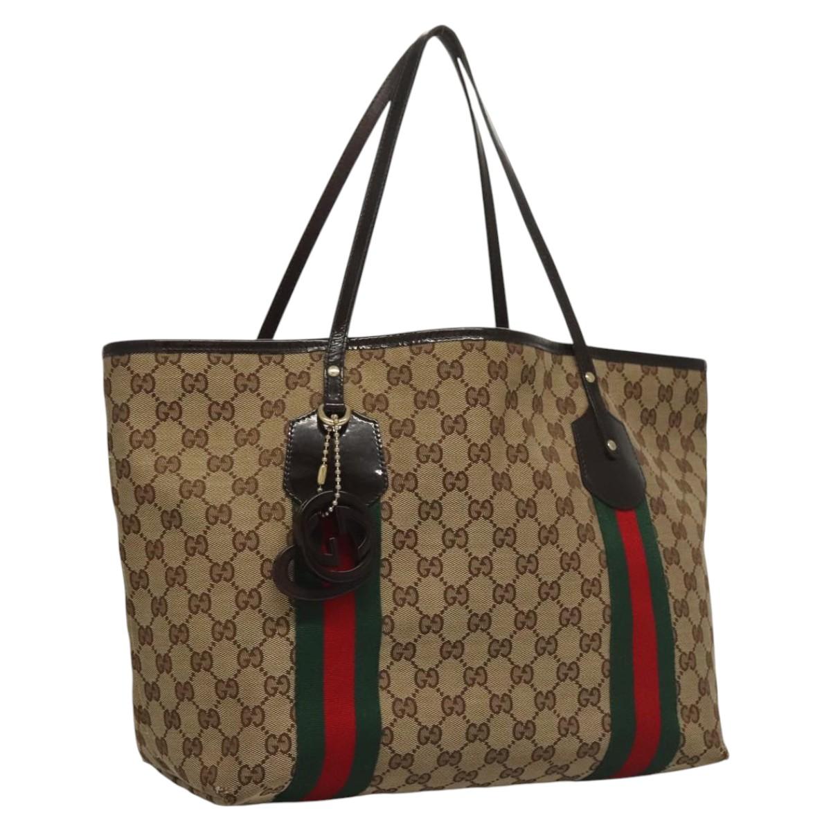 GUCCI GG Canvas Web Sherry Line Tote Bag Beige Gold 211970 Auth nb275