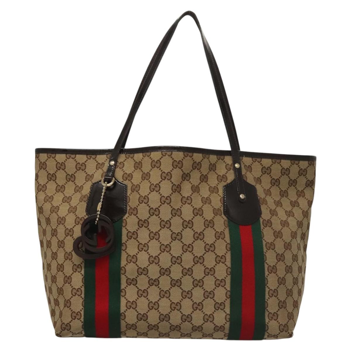 GUCCI GG Canvas Web Sherry Line Tote Bag Beige Gold 211970 Auth nb275