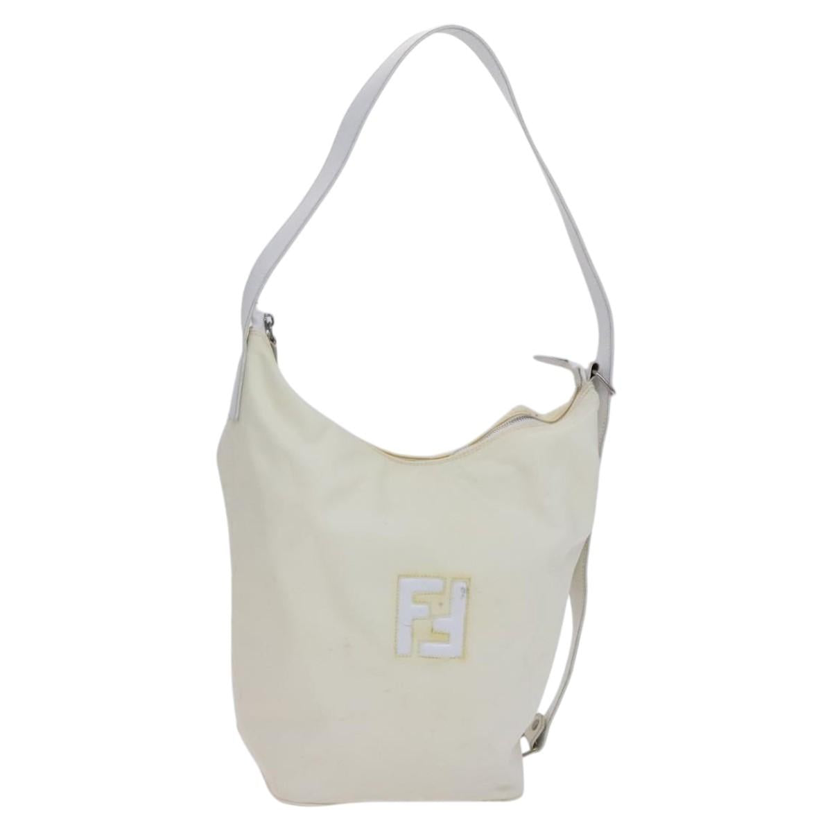 FENDI Shoulder Bag Nylon Leather Beige White Silver Auth nb296