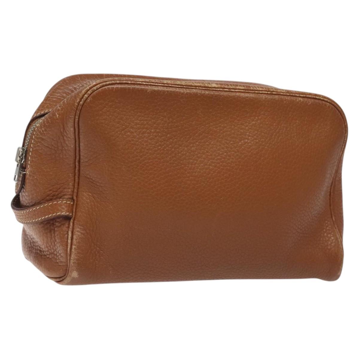 HERMES Trousse Victoria GM Clutch Bag Leather Brown Silver Auth nb423