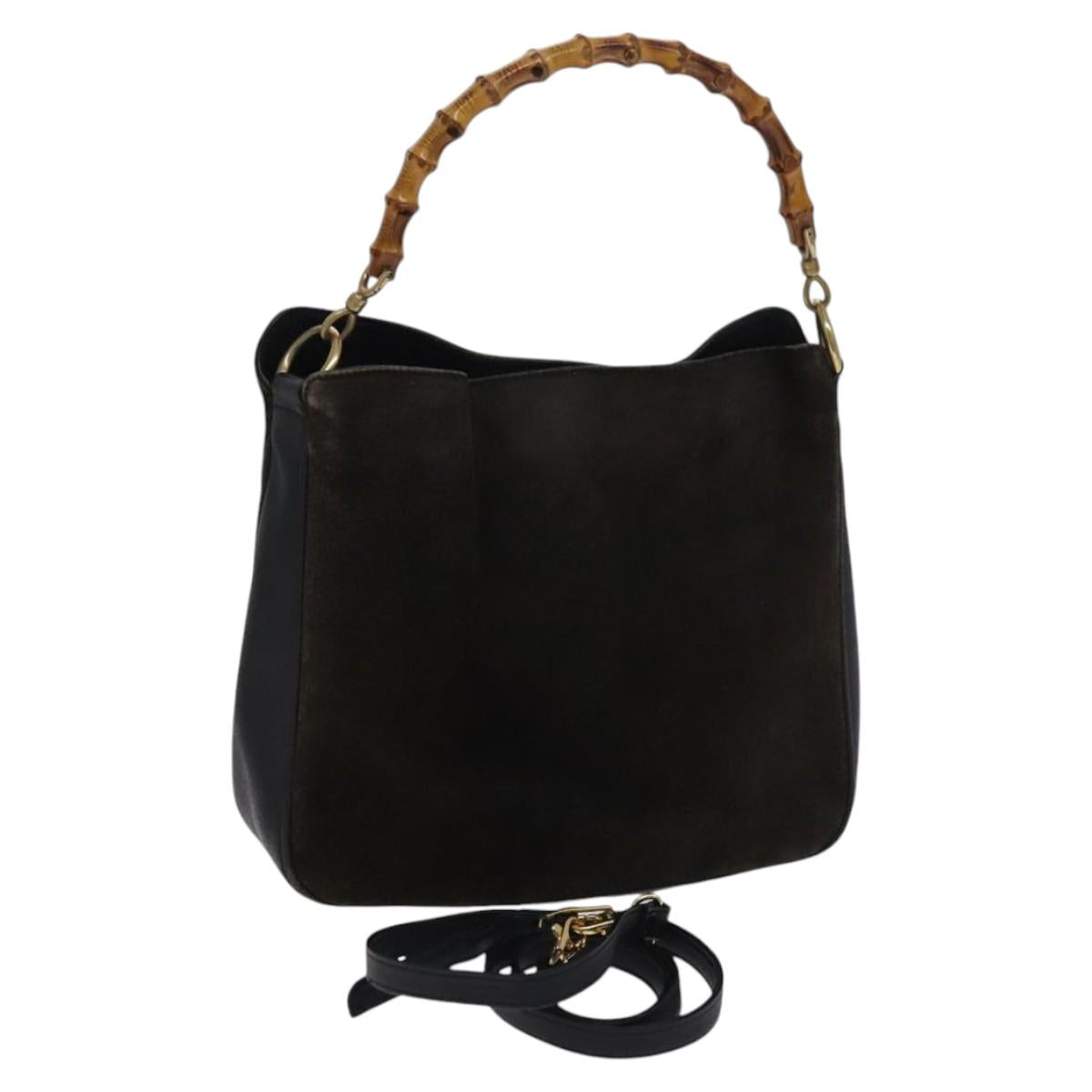GUCCI Bamboo Hand Bag Suede Leather 2way Brown gold 001 1705 1638 Auth nb444