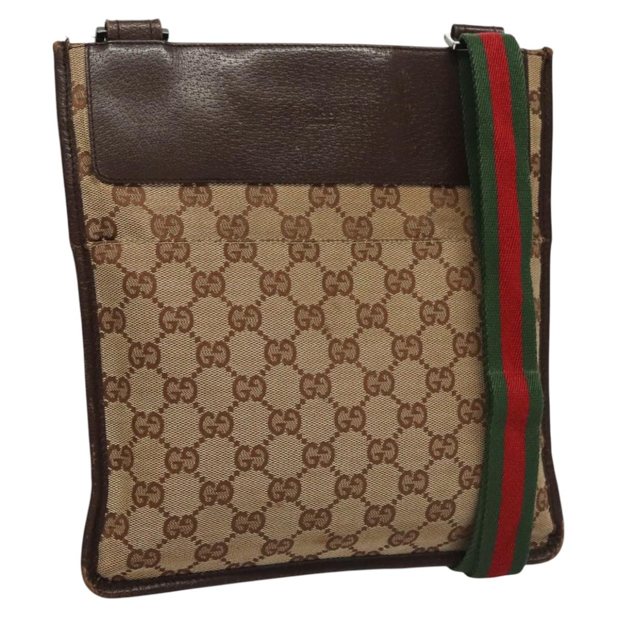 GUCCI GG Canvas Web Sherry Line Shoulder Bag Beige Brown Silver 27639 Auth nb447