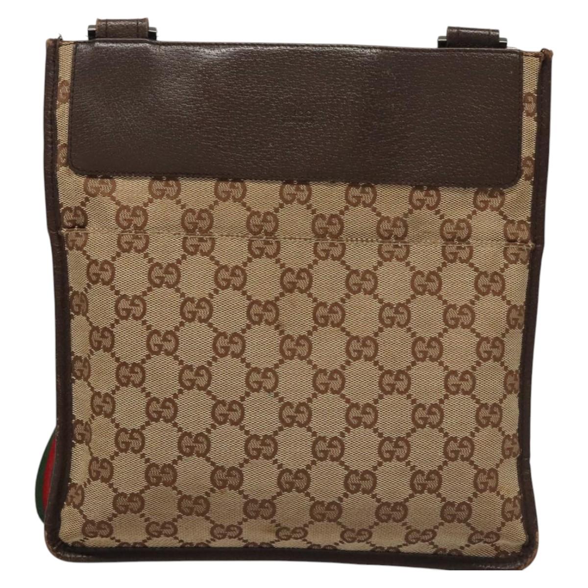 GUCCI GG Canvas Web Sherry Line Shoulder Bag Beige Brown Silver 27639 Auth nb447