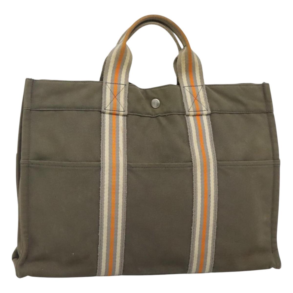 HERMES Fourre Tout MM Hand Bag Canvas Khaki Orange Silver Auth nb457